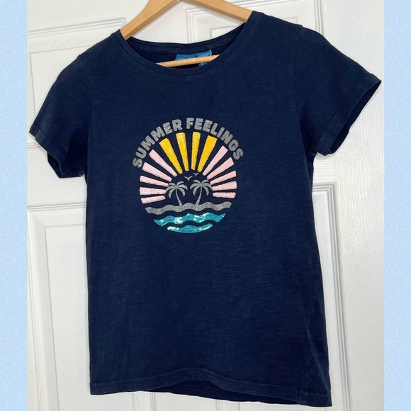 Caribbean Joe Navy Sequins “Summer Feelings” Short Sleeve T-Shirt size Small - Picture 1 of 5